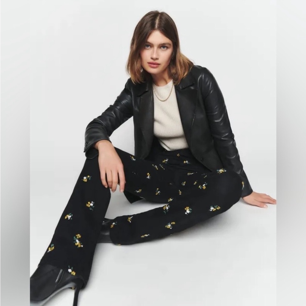 Reformation Black Floral Cynthia High Rise Straight Long Jeans in Priscilla